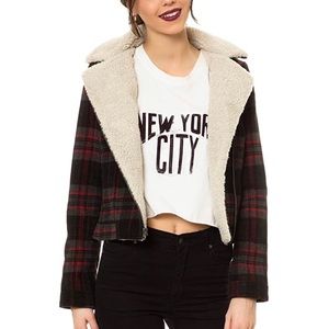 Flannel Plaid Shearling Moto Jacket